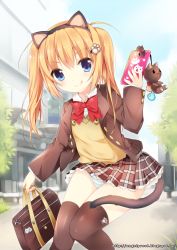 Rule 34 | 1girl, :q, animal ears, bag, blazer, blue eyes, brown hair, cat ears, cat tail, cellphone, duji amo, fake animal ears, hair ornament, hairband, hairclip, highres, jacket, open clothes, open jacket, original, panties, paw print, phone, school bag, school uniform, smartphone, solo, striped clothes, striped panties, sweater, tail, thighhighs, tongue, tongue out, twintails, underwear, usagihime