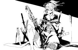 Rule 34 | 1girl, bare shoulders, black nails, breasts, cleavage, collarbone, comb, flower, garter straps, greyscale, hair between eyes, hair flower, hair ornament, hatching (texture), highres, japanese clothes, katana, lamian (pixiv415608), medium breasts, monochrome, multiple swords, nail polish, original, scabbard, sheath, silhouette, sitting, smile, solo, sword, thighhighs, tight clothes, torn clothes, weapon