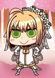 Rule 34 | &gt;:&gt;, 10s, 1girl, :&gt;, ahoge, april fools, blonde hair, blush stickers, bridal veil, chibi, fate/extra, fate/extra ccc, fate/grand order, fate (series), green eyes, hands on own hips, lock, nero claudius (bride) (fate), nero claudius (fate), nero claudius (fate) (all), official art, riyo (lyomsnpmp), smug, solo, v-shaped eyebrows, veil