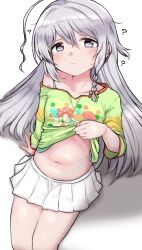 Rule 34 | 1girl, ?, absurdres, ahoge, clothes lift, dokudoku913, green shirt, grey eyes, grey hair, highres, hoshi syoko, idolmaster, idolmaster cinderella girls, lifted by self, long hair, looking at viewer, miniskirt, navel, pleated skirt, print shirt, shirt, shirt lift, simple background, sitting, skirt, solo, stomach, thighs, white background, white skirt