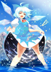 Rule 34 | 1girl, ahoge, blue hair, bow, cirno, dress, closed eyes, female focus, hair bow, ice, mountain, open mouth, puffy sleeves, ribbon, short hair, skirt hold, smile, solo, touhou, warugaki (sk-ii), water, water drop, wet, wings