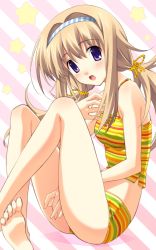 Rule 34 | 00s, 1girl, artist request, barefoot, camisole, chaos;head, feet, hairband, multicolored stripes, nishijou nanami, official art, open mouth, shorts, sitting, solo, source request, striped