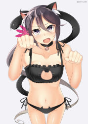 Rule 34 | 10s, 1girl, akebono (kancolle), animal ears, bad id, bad pixiv id, bell, neck bell, black bra, black panties, blush, bra, breasts, cat cutout, cat ear panties, cat ears, cat lingerie, cat tail, choker, cleavage cutout, clothing cutout, fang, flower, foreshortening, hair bell, hair flower, hair ornament, head tilt, jingle bell, kankitsunabe (citrus), kantai collection, long hair, meme attire, navel, nose blush, open mouth, panties, paw pose, purple eyes, purple hair, side-tie panties, side ponytail, simple background, small breasts, solo, tail, underwear, underwear only, very long hair