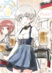 Rule 34 | 10s, 2016, 2girls, alcohol, alternate costume, beer, blush, blush stickers, breasts, bun&#039;ya (0874cirno141), cross, cup, dated, dirndl, german clothes, german flag, german text, grey eyes, grey hair, iron cross, kantai collection, looking at viewer, machinery, mug, multiple girls, no headwear, no headwear, oktoberfest, open mouth, red eyes, red hair, skirt, skirt tug, small breasts, smile, z1 leberecht maass (kancolle), z3 max schultz (kancolle)