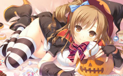Rule 34 | 10s, 1girl, 2012, black &amp; white, bow, breasts, brown eyes, brown hair, candy, candy cane, chocolate, chocolate bar, dated, doughnut, fingerless gloves, food, garter straps, gloves, haruhino misaki, hat, highres, hotch kiss, jack-o&#039;-lantern, large breasts, lollipop, marshmallow, official art, official wallpaper, patterned legwear, smile, solo, striped clothes, striped thighhighs, takei ooki, thighhighs, translation request, two-tone stripes, wallpaper, witch hat