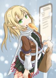 Rule 34 | 1girl, arm warmers, bag, blonde hair, blurry, blurry background, depth of field, food, food on face, green eyes, half updo, handbag, hoshifune, mizuhashi parsee, mouth hold, paper bag, pointy ears, shopping bag, snowing, solo, taiyaki, touhou, wagashi