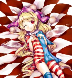Rule 34 | 1girl, absurdres, american flag dress, bed sheet, blonde hair, blue dress, blue legwear, breasts, clownpiece, commentary request, covering breasts, covering privates, dress, fairy wings, hat, highres, jester cap, long hair, lying, murachiki, neck ruff, on back, one eye closed, polka dot, purple hat, red dress, red eyes, red legwear, short sleeves, small breasts, solo, star cutout, touhou, transparent wings, very long hair, wings