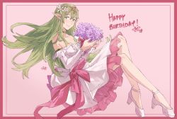 Rule 34 | 1girl, alternate costume, alternate hairstyle, bare shoulders, bouquet, breasts, center frills, choker, closed mouth, collarbone, commentary, detached sleeves, dress, english commentary, english text, fire emblem, fire emblem awakening, floating hair, flower, frilled sleeves, frills, green eyes, green hair, hair between eyes, hair flower, hair ornament, happy birthday, highres, holding, holding bouquet, long hair, medium breasts, nintendo, purple flower, sakuremi, signature, sitting, smile, solo, tiki (adult) (fire emblem), tiki (fire emblem), very long hair, white dress, white flower, white sleeves
