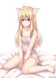 Rule 34 | 1girl, :o, akira (been0328), animal ear fluff, animal ears, bad id, bad pixiv id, bare arms, bare legs, bare shoulders, barefoot, bed sheet, blonde hair, blue eyes, blush, cat ears, commentary request, dress, full body, hair between eyes, long hair, looking at viewer, original, parted lips, sitting, sleeveless, sleeveless dress, solo, very long hair, wariza, white background, white dress