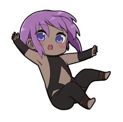 Rule 34 | 1girl, :o, armpits, bare shoulders, black bodysuit, blush, bodysuit, chibi, dark-skinned female, dark skin, fate/prototype, fate/prototype: fragments of blue and silver, fate (series), full body, hair between eyes, hassan of serenity (fate), highres, i.u.y, looking at viewer, no shoes, open mouth, purple eyes, purple hair, simple background, solo, stirrup legwear, teeth, toeless legwear, upper teeth only, white background