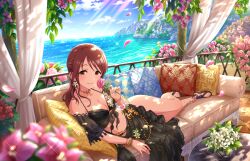 Rule 34 | 1girl, bikini, breasts, brown eyes, brown hair, cleavage, couch, flower, game cg, idolmaster, idolmaster cinderella girls, idolmaster cinderella girls starlight stage, medium breasts, mifune miyu, official art, pillow, sandals, solo, swimsuit, water
