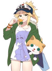 Rule 34 | 2girls, ahoge, alternate costume, artoria pendragon (all), artoria pendragon (fate), bag, blonde hair, bracelet, candy, commentary request, cutoffs, denim, denim shorts, eyewear on head, fate (series), food, fur trim, green eyes, green jacket, hat, highres, holding, hood, jacket, jewelry, kan&#039;yu (citron 82), lollipop, looking at viewer, mordred (fate), mordred (fate/apocrypha), multiple girls, ponytail, saber lily, shirt, shorts, solo, stuffed animal, stuffed toy, sunglasses, tongue, tongue out, white shirt
