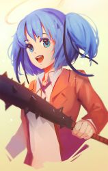 Rule 34 | 1girl, 3four, blue eyes, blue hair, bokusatsu tenshi dokuro-chan, breasts, club (weapon), hair ribbon, halo, looking at viewer, medium hair, mitsukai dokuro, open mouth, ribbon, school uniform, simple background, smile, solo, twintails, two side up, weapon