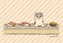 Rule 34 | animal focus, conveyor belt sushi, dog, food, food focus, husky, mojacookie, no humans, plate, striped, striped background, sushi, twitter username