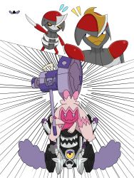 Rule 34 | 1girl, 3others, absurdres, artist request, bisharp, creatures (company), crystal, emphasis lines, full body, game freak, gen 5 pokemon, hammer, highres, holding, holding weapon, huge weapon, incoming attack, looking at another, multiple others, nintendo, no humans, pawniard, pokemon, pokemon (creature), revavroom, riding, sequential, simple background, smile, tinkaton, weapon, white background