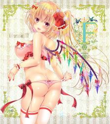 Rule 34 | 1girl, :d, ass, bare shoulders, blonde hair, blush, bow, bra, breasts, cowboy shot, flandre scarlet, from behind, large breasts, looking at viewer, looking back, nail polish, no headwear, no headwear, open mouth, panties, pekopokox, red bow, red eyes, red ribbon, ribbon, smile, solo, thighhighs, touhou, underwear, underwear only, white thighhighs, wings, wrist cuffs