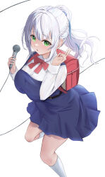 Rule 34 | 1girl, absurdres, backpack, bag, blue dress, blush, bow, breasts, cosplay, dress, green eyes, grey hair, highres, holding, holding microphone, hololive, indie virtual youtuber, large breasts, looking at viewer, microphone, mochiki 927, open mouth, pinafore dress, pleated dress, ponytail, randoseru, red bag, red bow, shigure ui (vtuber), shigure ui (vtuber) (cosplay), shigure ui (vtuber) (young), shirogane noel, shirt, shukusei!! loli-gami requiem, sleeveless, sleeveless dress, uniform, virtual youtuber, white shirt