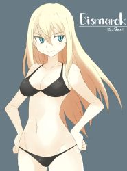 Rule 34 | 10s, 1girl, artist name, bad id, bad twitter id, bikini, bismarck (kancolle), black bikini, blonde hair, blue eyes, breasts, character name, hands on own hips, kantai collection, large breasts, long hair, shigino sohuzi, simple background, smile, solo, swimsuit