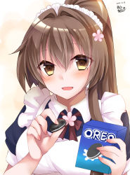 Rule 34 | 1girl, absurdres, alternate costume, apron, blush, box, breasts, brown eyes, brown hair, cherry blossoms, cookie, food, frills, hair between eyes, highres, kantai collection, long hair, looking at viewer, maid, maid apron, maid headdress, mashiro yukiya, medium breasts, open mouth, oreo, ponytail, simple background, smile, solo, twitter username, upper body, white background, yamato (kancolle)