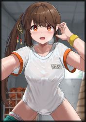 Rule 34 | 1girl, ball, basketball, basketball (object), blush, bra, brown hair, commentary request, gym shirt, gym storeroom, hair ornament, heart, heart-shaped pupils, highres, indoors, jewelry, long hair, looking at viewer, magia record: mahou shoujo madoka magica gaiden, mahou shoujo madoka magica, name tag, noeru, open mouth, orange eyes, panties, panties around leg, pussy juice, pussy juice trail, ring, see-through, shirt, side ponytail, solo, spread legs, sweat, sweatdrop, symbol-shaped pupils, underwear, white panties, white shirt, window, wristband, yui tsuruno
