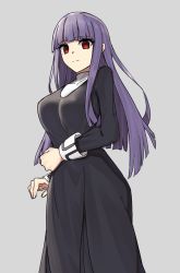 Rule 34 | 1girl, asagami fujino, black dress, blunt bangs, breasts, dress, elfenlied22, feet out of frame, from below, frown, grey background, hand on own stomach, highres, hime cut, kara no kyoukai, large breasts, long hair, long sleeves, looking at viewer, no pupils, purple hair, red eyes, reien girl&#039;s academy school uniform, school uniform, sidelocks, simple background, solo, standing