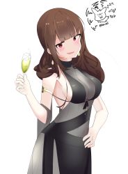 Rule 34 | 1girl, absurdres, alcohol, bad id, bad pixiv id, black dress, black ribbon, brown hair, cup, dress, drinking glass, dsr-50 (girls&#039; frontline), dsr-50 (highest bid) (girls&#039; frontline), girls&#039; frontline, hand on own hip, highres, long hair, looking at viewer, open clothes, open mouth, red eyes, ribbon, rot zzi, smile, wine, wine glass