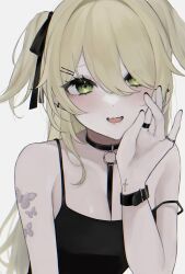 Rule 34 | 1girl, absurdres, arm tattoo, bare shoulders, black choker, black shirt, blonde hair, blush, bow, breasts, butterfly tattoo, choker, fangs, fischl (genshin impact), genshin impact, green eyes, hair over one eye, hair ribbon, highres, jewelry, long hair, looking at viewer, maguro (minase1684), medium breasts, open mouth, ribbon, ring, shirt, simple background, skin fangs, smile, solo, tank top, tattoo, two side up