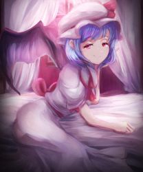 Rule 34 | 1girl, ascot, bat wings, bed, bed sheet, bedroom, blue hair, closed mouth, curtains, feet out of frame, from side, hat, highres, indoors, looking at viewer, medium hair, mob cap, no23kappagatari, on bed, pink hat, pink shirt, pink skirt, puffy short sleeves, puffy sleeves, red ascot, red eyes, remilia scarlet, shirt, short sleeves, skirt, smile, solo, touhou, window, wings