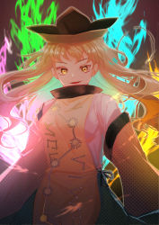 Rule 34 | 1girl, black hat, blonde hair, breasts, dress, fire, floating hair, hat, highres, long hair, looking at viewer, matara okina, medium breasts, multicolored fire, parted lips, repya9, smile, solo, tabard, touhou, upper body, white dress, yellow eyes
