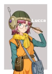Rule 34 | 1girl, absurdres, artist request, bag, belt, blue eyes, chrono trigger, glasses, helmet, highres, looking at viewer, lucca ashtear, open mouth, purple hair, scarf, short hair, shoulder bag, solo, weapon