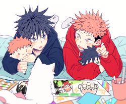 Rule 34 | 2boys, aged down, animal, black eyes, black hair, black hoodie, blush, cat, child, child&#039;s drawing, crayon, cup, full body, fushiguro megumi, highres, holding, holding crayon, hood, hood down, hoodie, itadori yuuji, jujutsu kaisen, long sleeves, looking at another, lying, male focus, multiple boys, on stomach, open mouth, pink hair, red hoodie, short hair, simple background, smile, spiked hair, stuffed toy, toy, undercut, white background, yellow eyes, yoon (dmsco1803)