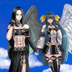 Rule 34 | 1boy, 1girl, abs, absurdres, asymmetrical wings, black hair, black thighhighs, blue hair, blue sky, choker, cloud, couple, dizzy (guilty gear), feathered wings, guilty gear, guilty gear xrd, hair ornament, highres, midriff, miniskirt, mismatched wings, moontears, red eyes, ribbon, skirt, sky, smile, testament (guilty gear), thighhighs, twintails, wings, zettai ryouiki