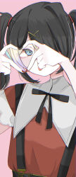 Rule 34 | 1girl, ame-chan (needy girl overdose), black hair, black nails, black ribbon, blonde hair, blue eyes, blue hair, blush, chouzetsusaikawa tenshi-chan, chromatic aberration, collared shirt, commentary, dual persona, eyeliner, hair ornament, hair over one eye, hair tie, hairclip, hand over face, heart, heart hands, highres, jirai kei, long bangs, medium hair, multicolored hair, multicolored nails, mushoku loli, nail polish, neck ribbon, needy girl overdose, pink background, purple hair, red eyeliner, red nails, red shirt, ribbon, shirt, shirt tucked in, short sleeves, short twintails, simple background, skirt, suspender skirt, suspenders, symbol-only commentary, tongue, tongue out, twintails, upper body, x hair ornament