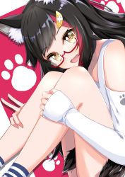 Rule 34 | 1girl, absurdres, alternate costume, animal ear fluff, animal ears, black hair, borumete, glasses, hair ornament, hairclip, hand on leg, highres, hololive, long hair, long sleeves, looking at viewer, ookami mio, ookami mio (casual), open mouth, paw print, paw print pattern, red-framed eyewear, sitting, solo, tail, tail wrap, tongue, virtual youtuber, white sleeves, wolf ears, wolf girl, wolf tail, yellow eyes