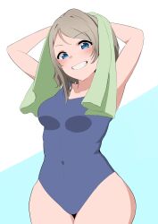 Rule 34 | 1girl, blue background, blue eyes, blue one-piece swimsuit, blush, breasts, brown hair, com2, drying, drying hair, grey hair, highres, looking at viewer, love live!, love live! sunshine!!, medium breasts, one-piece swimsuit, open mouth, short hair, skirt, smile, solo, swimsuit, towel, towel on head, watanabe you, white background