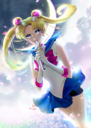Rule 34 | 10s, 1girl, artist name, backlighting, bishoujo senshi sailor moon, bishoujo senshi sailor moon crystal, blonde hair, blue eyes, blue sailor collar, blue skirt, bow, choker, chromatic aberration, clothes lift, crescent moon, double bun, earrings, elbow gloves, facial mark, floating hair, forehead mark, gloves, hair ornament, hairclip, jewelry, long hair, looking at viewer, maboroshi no ginzuishou, magical girl, moon, moon stick, moonlight, parted lips, red bow, sailor collar, sailor moon, sanae (chana), skirt, skirt lift, solo, tsukino usagi, twintails, white gloves