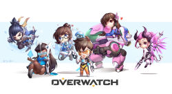 Rule 34 | 1boy, 5girls, absurdres, beard, black-framed eyewear, black hair, blizzard (company), blush stickers, bow (weapon), brown hair, blowing bubbles, chewing gum, chibi, coat, d.va (overwatch), dark skin, demon horns, facial hair, floating, glasses, goggles, hanzo (overwatch), highres, horns, imp mercy, long hair, mecha, mechanical wings, mei (overwatch), meka (overwatch), mercy (overwatch), multiple girls, overwatch, overwatch 1, pharah (overwatch), pilot suit, pink hair, ponytail, robot, short hair, symmetra (overwatch), tracer (overwatch), tracyton, weapon, wings