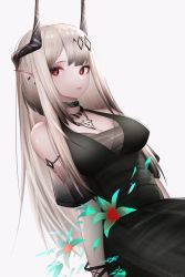 Rule 34 | 1girl, absurdres, arknights, bare shoulders, black collar, black dress, breasts, cleavage, clothing cutout, collar, cowboy shot, cross, cross necklace, demon girl, demon horns, dress, dutch angle, ear piercing, flower, grey hair, hair ornament, highres, horns, infection monitor (arknights), jewelry, john wheryus, large breasts, long hair, looking at viewer, mudrock (arknights), mudrock (obsidian) (arknights), necklace, official alternate costume, piercing, pointy ears, red eyes, see-through, short sleeves, shoulder cutout, simple background, solo, white background