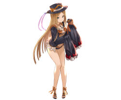 Rule 34 | 1girl, abigail williams (fate), alternate costume, black headwear, black jacket, blonde hair, blue eyes, bow, breasts, choker, fate/grand order, fate (series), fishnets, forehead, full body, highres, jacket, key, legs, long hair, long sleeves, looking at viewer, one-piece swimsuit, open clothes, open jacket, orange bow, orange one-piece swimsuit, parted bangs, ribbed sleeves, sandals, simple background, sleeves past fingers, sleeves past wrists, small breasts, smile, stuffed animal, stuffed toy, swimsuit, teddy bear, white background, yatsuka (846)