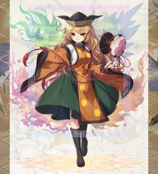 Rule 34 | 1girl, autumn, black hat, black legwear, blonde hair, boots, border, breasts, collared shirt, commentary request, detached sleeves, drum, fingernails, floral background, full body, green skirt, grin, halftone, hat, highres, instrument, knee boots, kozakura (dictionary), layered clothes, long hair, long sleeves, looking at viewer, matara okina, medium breasts, patterned background, seasons, shiny clothes, shirt, sidelocks, skirt, smile, solo, spring (season), standing, summer, sun print, symbol, symbolism, tabard, touhou, tsuzumi, very long hair, white shirt, wide sleeves, winter, yellow eyes