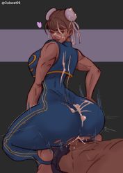 Rule 34 | 1boy, 1girl, ass, barefoot, bodysuit, breasts, brown hair, buttjob, buttjob over clothes, capcom, chun-li, colacat95, cum, cum in clothes, cum on ass, cum on clothes, facial, heart, highres, large breasts, looking at another, looking back, penis, penis under another&#039;s clothes, squatting, street fighter, torn clothes