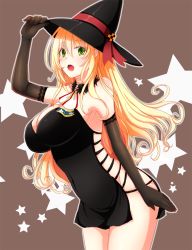 Rule 34 | 10s, 1girl, armpits, atago (kancolle), black gloves, blonde hair, blush, breasts, female focus, from side, gloves, green eyes, hair between eyes, halloween, hat, kantai collection, large breasts, long hair, no panties, open mouth, solo, sotogawa max, source request, witch, witch hat