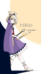 Rule 34 | 1girl, blush, cape, closed mouth, expressionless, full body, headphones, highres, light brown hair, looking to the side, purple cape, purple skirt, ritual baton, sandals, short hair, skirt, snakku, solo, touhou, toyosatomimi no miko, yellow eyes