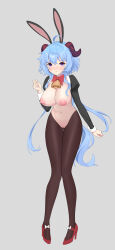 Rule 34 | 1girl, absurdres, ahoge, animal ears, balloon 79, bell, blue hair, blush, bow, breasts, cleft of venus, fake animal ears, frontless outfit, full body, ganyu (genshin impact), genshin impact, high heels, highres, horns, legs together, long hair, long sleeves, looking at viewer, medium breasts, meme attire, navel, neck bell, nipples, purple eyes, pussy, rabbit ears, reverse bunnysuit, reverse outfit, shrug (clothing), sidelocks, solo, standing, wrist cuffs