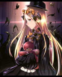 Rule 34 | 1girl, abigail williams (fate), black bow, black dress, black hat, blonde hair, blue eyes, bow, bug, butterfly, closed mouth, commentary request, dress, fate/grand order, fate (series), forehead, hair bow, hat, highres, hizagawa rau, hugging object, insect, long hair, long sleeves, looking at viewer, looking to the side, orange bow, parted bangs, polka dot, polka dot bow, profile, sleeves past fingers, sleeves past wrists, solo, stuffed animal, stuffed toy, teddy bear, tentacles, very long hair