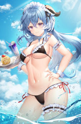 Rule 34 | 1girl, ahoge, arm garter, armpits, bare shoulders, bikini, black bikini, blue hair, breasts, bridal garter, cake, cleavage, contrapposto, cowboy shot, cup, day, drinking glass, duplicate, food, frilled bikini, frills, front-tie bikini top, front-tie top, ganyu (genshin impact), genshin impact, goat horns, groin, hand on own hip, hand up, headdress, highres, holding, horns, long hair, looking at viewer, low ponytail, maid, maid bikini, maid headdress, medium breasts, mole, mole on breast, navel, outdoors, pixel-perfect duplicate, purple eyes, side-tie bikini bottom, solo, ssong2, standing, stomach, string bikini, swimsuit, thighs, tray, unconventional maid, wading, water, wet, wrist cuffs