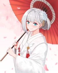 1girl absurdres azur_lane blue_eyes blush bride cherry_blossoms crane_enthusiast eyeshadow flower hair_flower hair_ornament highres japanese_clothes kanzashi kimono lipgloss makeup nail_polish parasol print_kimono shoukaku_(azur_lane) uchikake umbrella white_kimono