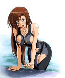 Rule 34 | 00s, 1girl, blush, bodysuit, brown hair, code geass, curvy, dissolving clothes, dithering, diving suit, long hair, open mouth, pool, poolside, shirley fenette, solo, swimsuit, thigh gap, torn clothes, wet, wetsuit, yellow eyes