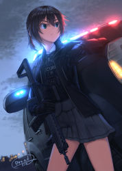 Rule 34 | 1girl, absurdres, bad id, bad pixiv id, black gloves, black hair, blue eyes, bow, bulletproof vest, car, cloud, cloudy sky, cowboy shot, dreadtie, dutch angle, frown, gloves, grey sky, gun, hair between eyes, highres, jacket, leaning on object, looking to the side, miniskirt, motor vehicle, open clothes, open jacket, original, outdoors, pleated skirt, rifle, school uniform, security agency, short hair, skirt, sky, solo, sports utility vehicle, v-shaped eyebrows, weapon