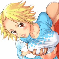 Rule 34 | 1boy, 1girl, blonde hair, blush, grabbing another&#039;s breast, breasts, brown eyes, camie (one piece), grabbing, groping, hetero, large breasts, lips, looking at viewer, mermaid, midriff, monster girl, mosha, one piece, parted lips, shirt, short hair, sweatdrop, taut clothes, taut shirt, white background